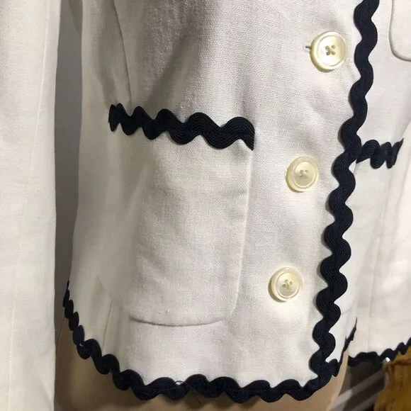 J Crew Linen Jacket Womens 2 White Blue Blazer Ric Rac Trim Career Office - Picture 5 of 15